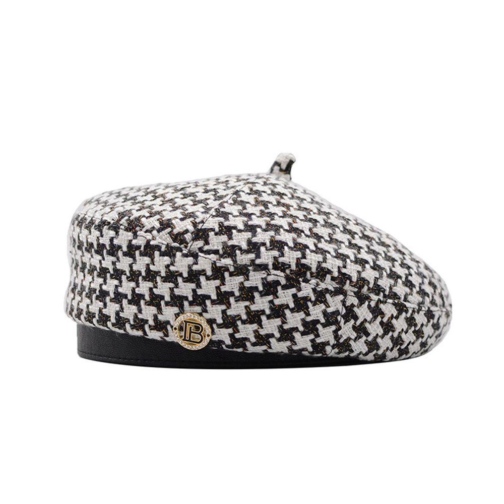 Mũ Beret Da PU Họa Tiết Sọc Caro Phong Cách Retro Thời Trang Mùa Đông Cho Nữ