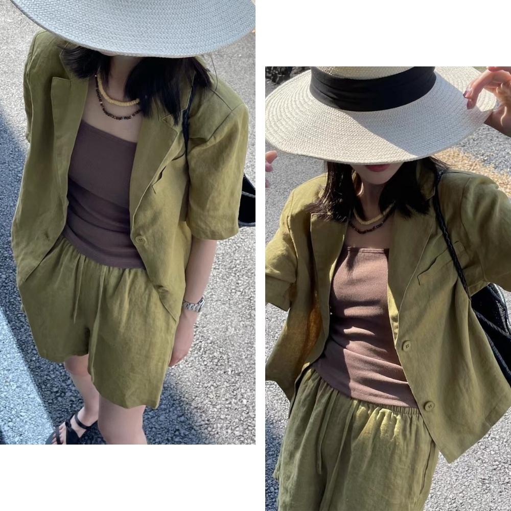 Set đồ nữ vải đũi linen gồm áo khoác vest ngắn croptop thiết kế và quần short đùi lưng chun ống rộng có bigsize 80kg