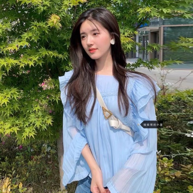 Áo sơ mi nữ vải voan cổ vuông phối bèo vai búp bê điệu đà Hàn Quốc