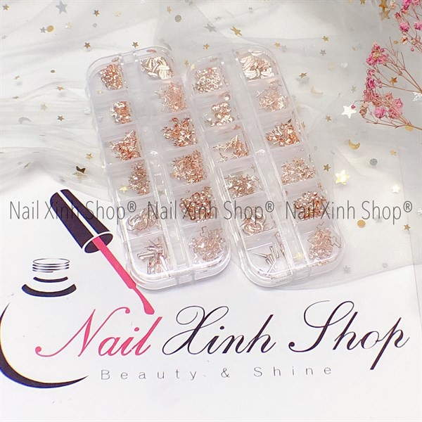 Khay 12 ô phụ kiện nail, trang trí móng tay cao cấp (phụ kiện nail kim loại mix)