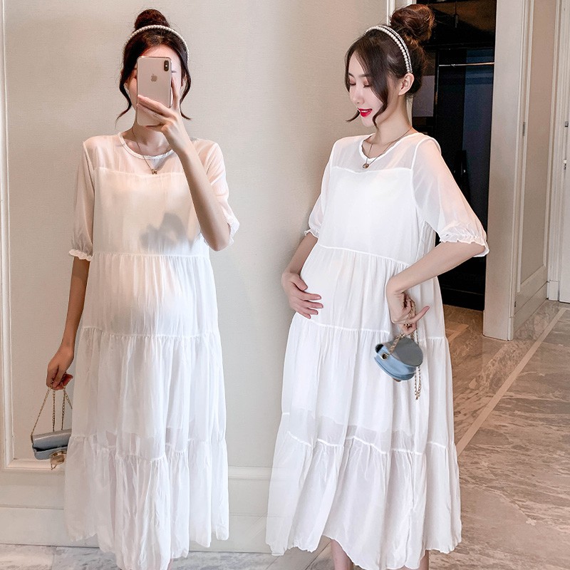 Đầm Maxi Tay Ngắn Dáng Rộng Chất Liệu Chiffon Màu Trắng Thời Trang Mùa Hè Có Size M-2xl Cho Mẹ Bầu