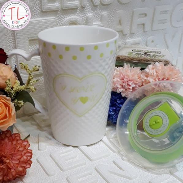 Ly sứ - Cốc sứ - Ly sứ hoa văn nổi - Hình trái táo - Ly có nắp đậy- Ly uống cà phê - Cốc uống cà phê