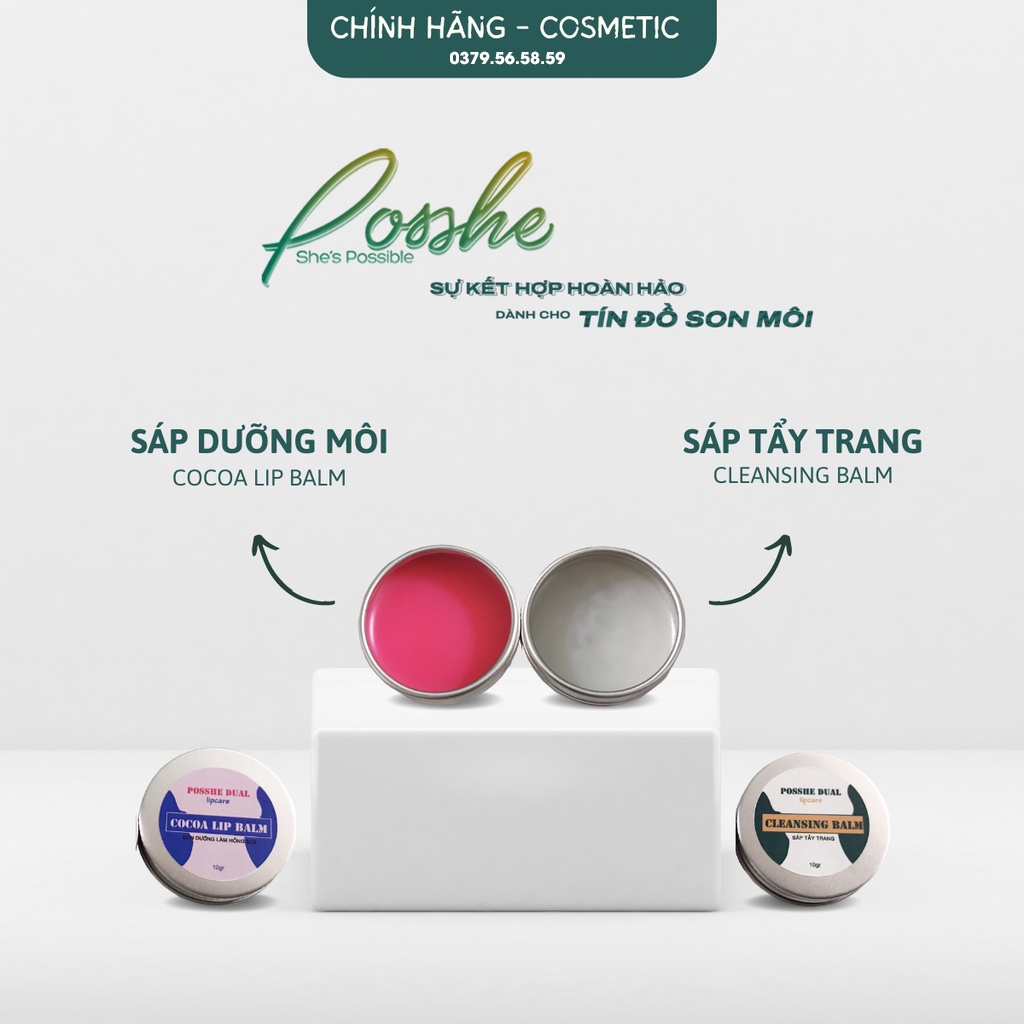 Combo Son Dưỡng Hồng Môi Posshe 10g + Sáp Tẩy Trang Môi Posshe 10g, Ácosmetics 20g