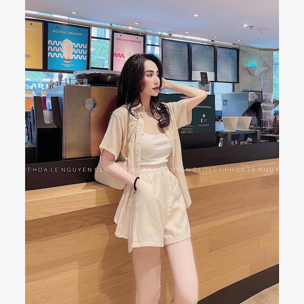 (T0130)Sét Bộ Set đũi 3 món áo sơ mi  ngắn tay cực xinh + quần sooc đùi đẹp xinh + áo quây zip đẹp lắm luôn mẫu mới hót