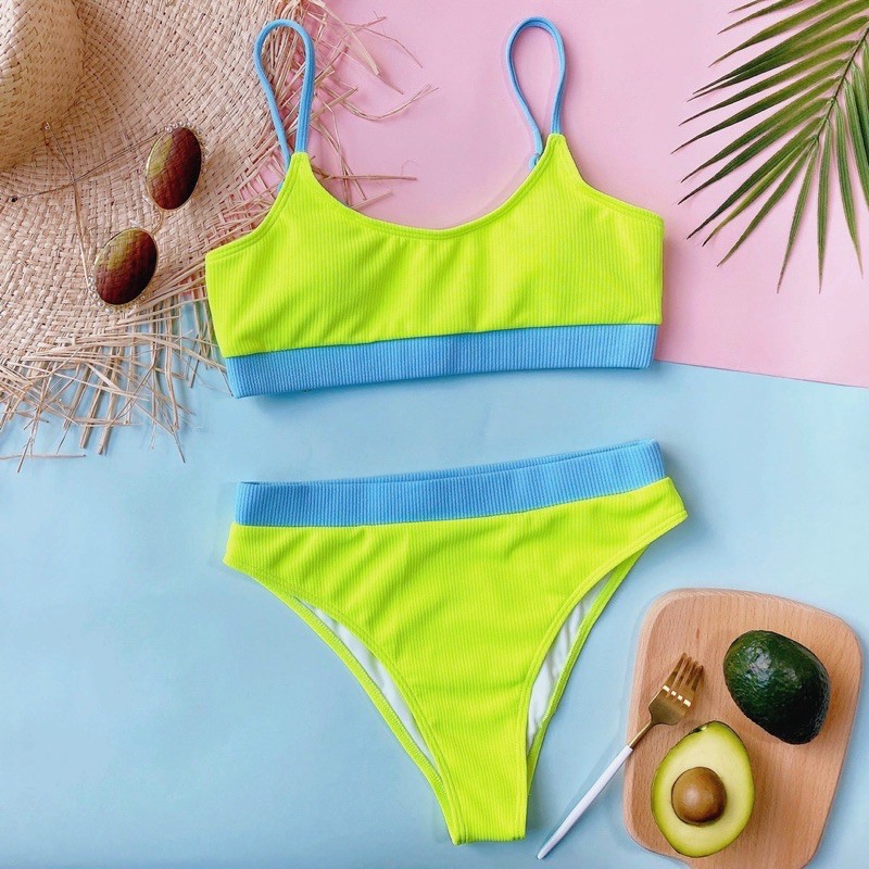 [BKN820] &lt;ÂU&gt; SET BIKINI BASIC VẢI GÂN XANH COBALT/XANH NEON (CẠP CAO)