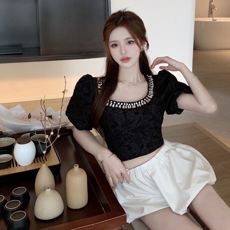 Áo Ngắn Đính Kim Cương Cổ Điển Quyến Rũ Thời Trang Mùa Hè Cho Nữ