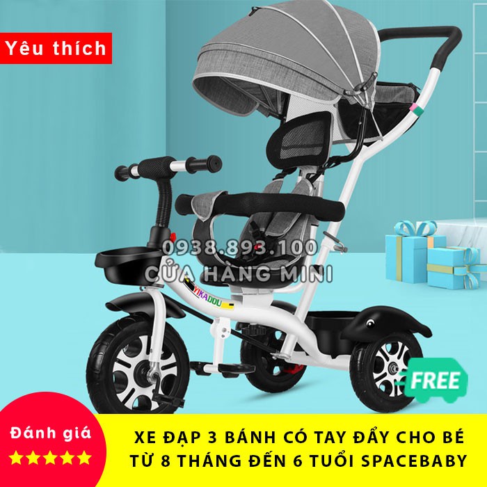 【SIÊU RẺ】Xe Đạp 3 Bánh Có Cần Đẩy Cho Bé Ghế Xoay 360 Đầy Đủ Phụ Kiện, Mái Che Như Hình (Bảo Hành 3 Tháng)