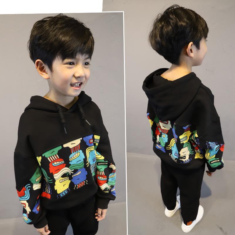 Trang phục trẻ em áo hoodie dài tay bé trai mùa thu mẫu mới phong cách Hàn Quốc đông lót nhung liền mũ kiểu Tây sành điệu