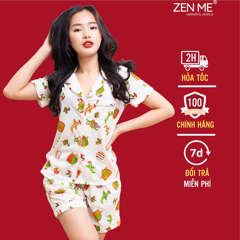 Đồ bộ mặc nhà Zen Me pijama nữ cộc tay quần đùi chất liệu chuẩn cotton họa tiết dễ thương