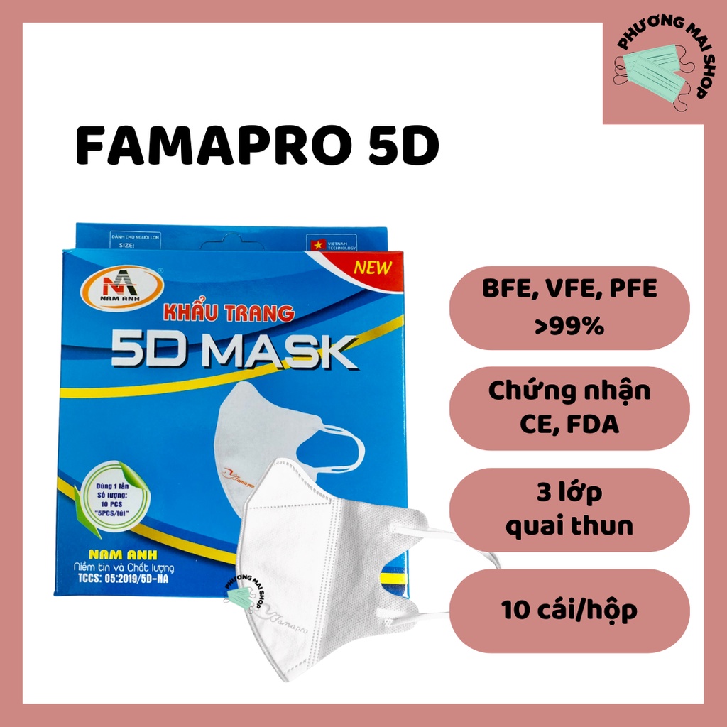 [5D MASK] Khẩu Trang Y Tế kháng khuẩn 3 lớp Famapro 5D quai thun - Hộp 10 cái