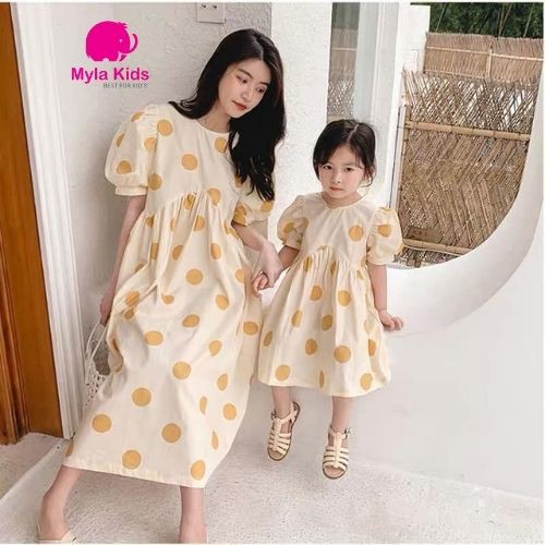 Đầm đôi mẹ và bé gái họa tiết cấm bi to đầm dáng suông tay bồng chất liệu voan lụa cho bé 1-10 tuổi Myla Kids