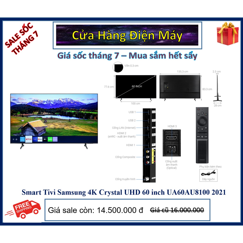 Smart Tivi Samsung 4K Crystal UHD 60 inch 60AU8100 Đời 2021 màn hình siêu mỏng - Showroom Tivi TPHCM