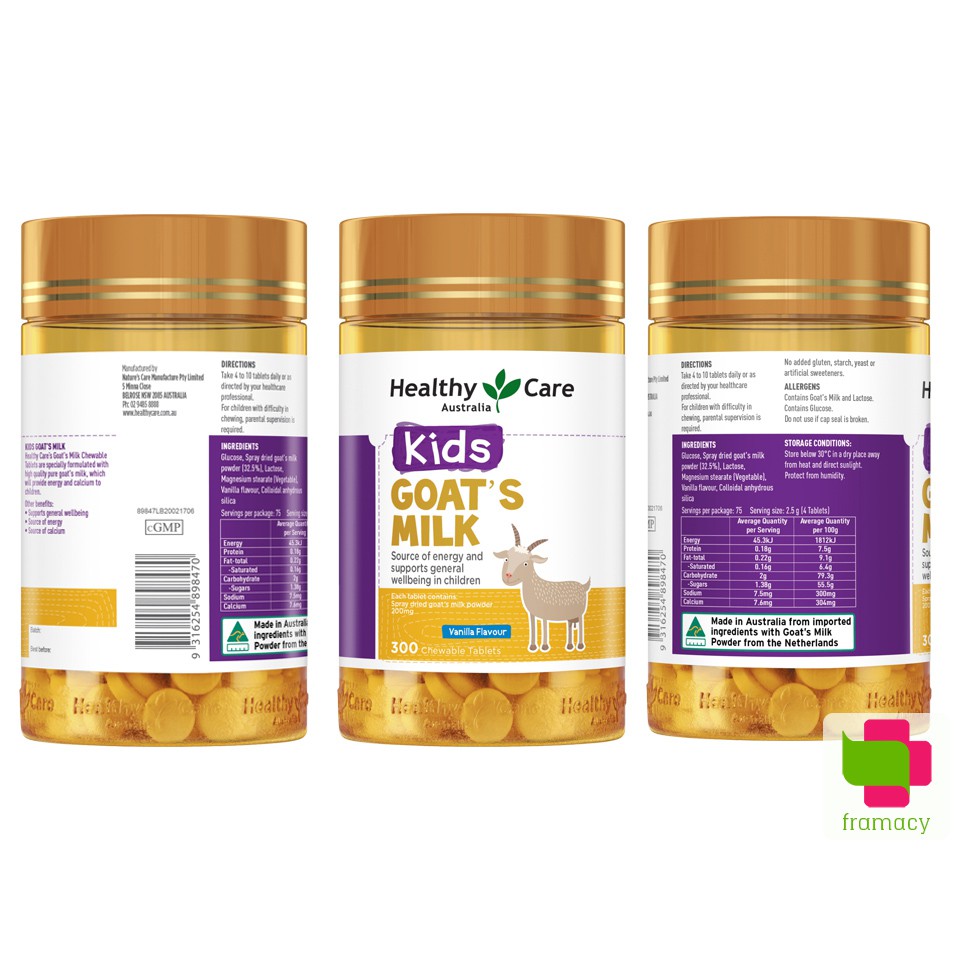 Kẹo sữa dê Healthy Care Goat's Milk Socola/Vani, Úc  bổ sung canxi, giảm biếng ăn chậm lớn cho trẻ từ 2 tuổi