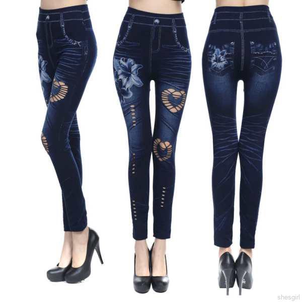 Quần Legging Giả Jean Rách In Hình Trái Tim