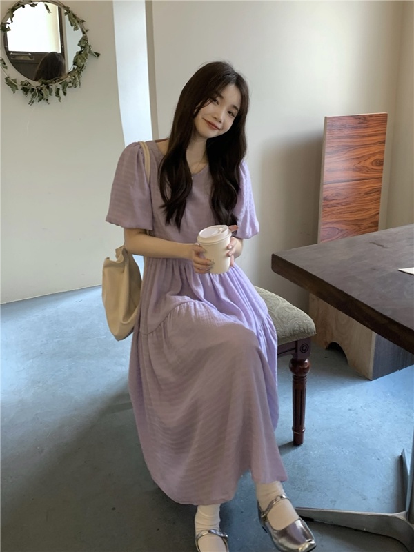 Đầm Dài Xếp Ly Tay Phồng Ngắn Lưng Cao Phong Cách Retro Hàn Quốc 52811