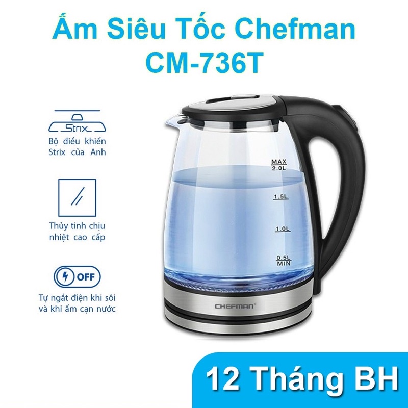 (Chính hãng-Lỗi 1 đổi 1) Ấm siêu tốc Inox UNILIFE | Mr.Sốc, Ấm siêu tốc thuỷ tinh Chefman 1.8 Lít [ Bảo hành 12 tháng ]