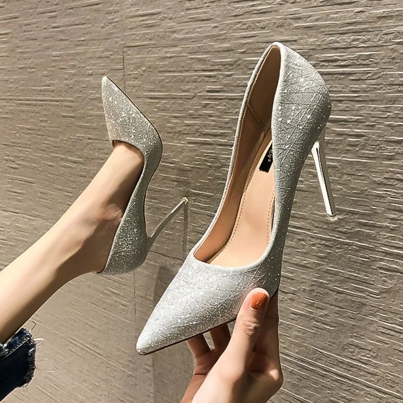 Giày Cao Gót Mũi Nhọn Đính Kim Sa Thời Trang 2021 Cho Nữ