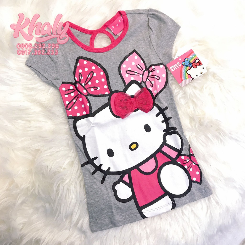 Áo thun tay ngắn trẻ em hình mèo Hello Kitty màu xám viền hồng size XS cho bé gái 4 tuổi (Mỹ US-UK) - ATTDKT03