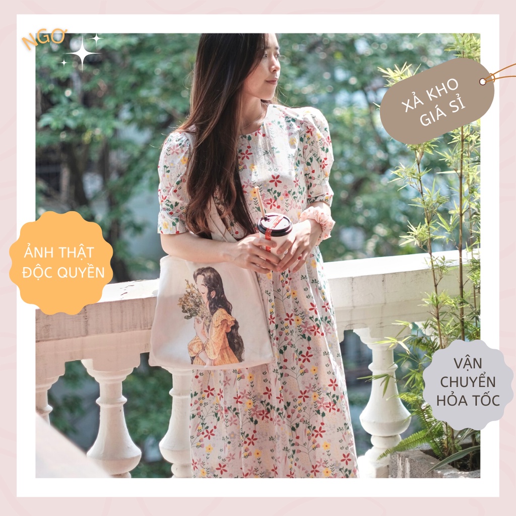 Váy hoa nhí vintage dáng dài đi biển, đầm hoa nhí babydoll tay lỡ phong cách Ulzzang