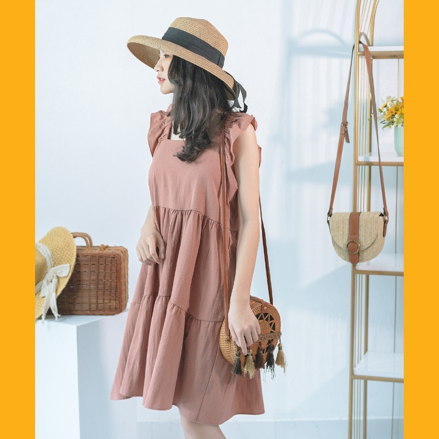 Váy babydoll đũi dáng dài cổ vuông cánh tiên 3 màu trắng nâu be hàng cao cấp | BigBuy360 - bigbuy360.vn
