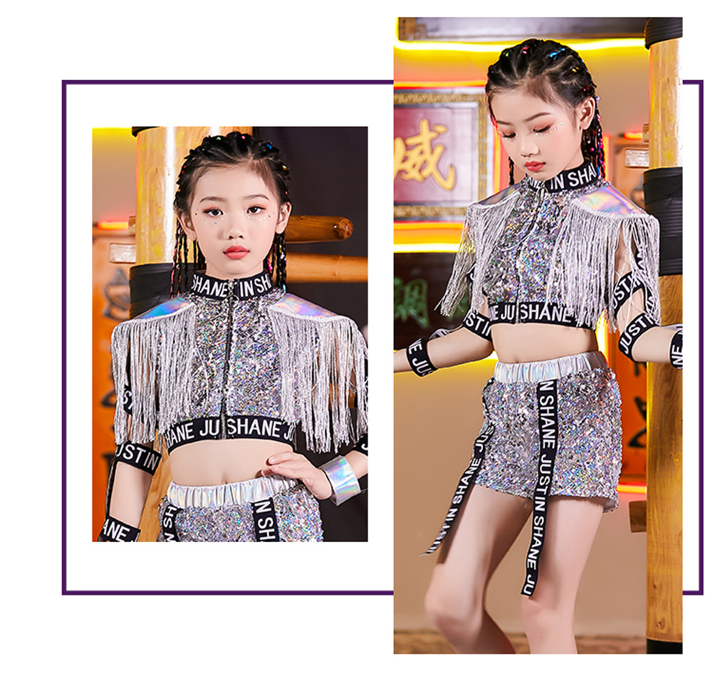 Kids Girls Sequins Jazz Dance Costume Korean Hip Hop Clothing  Streetwear Crop Tops Shorts Set Stage Performance Wear