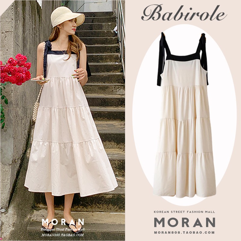 (HÀNG SẴN) Váy hai dây babydoll MORAN dập viền xòe dài rộng vintage nhẹ nhàng thắt nơ vai