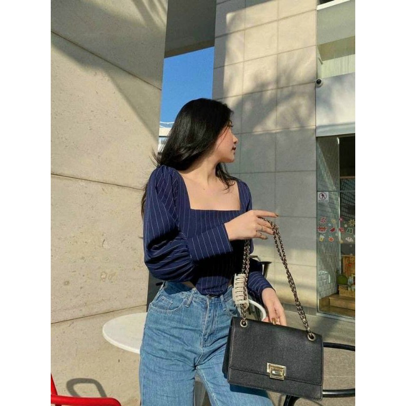 [FREE SHIP] Áo croptop cổ vuông xanh Navy tôn eo đẹp mê li