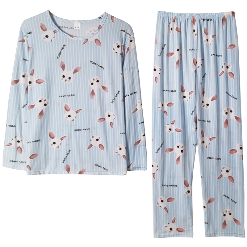 xiaohan korea Spring and Autumn loose nightwear round neck long sleeve sleepwear set cute cartoon print women Large size baju tidur | BigBuy360 - bigbuy360.vn