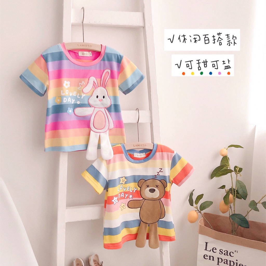 Áo Thun Kẻ Sọc Ngắn Tay Hình Gấu Hoạt Hình Đáng Yêu Thời Trang Mùa Hè Dành Cho Bé Gái 2023