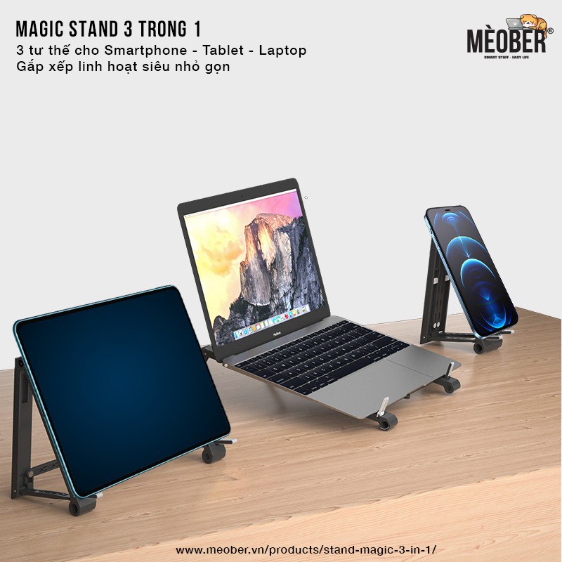 Stand Magic 3-in-1 - Giá đỡ cho laptop, điện thoại, máy tính bảng, nhỏ gọn gắp xếp linh hoạt (Black/White)