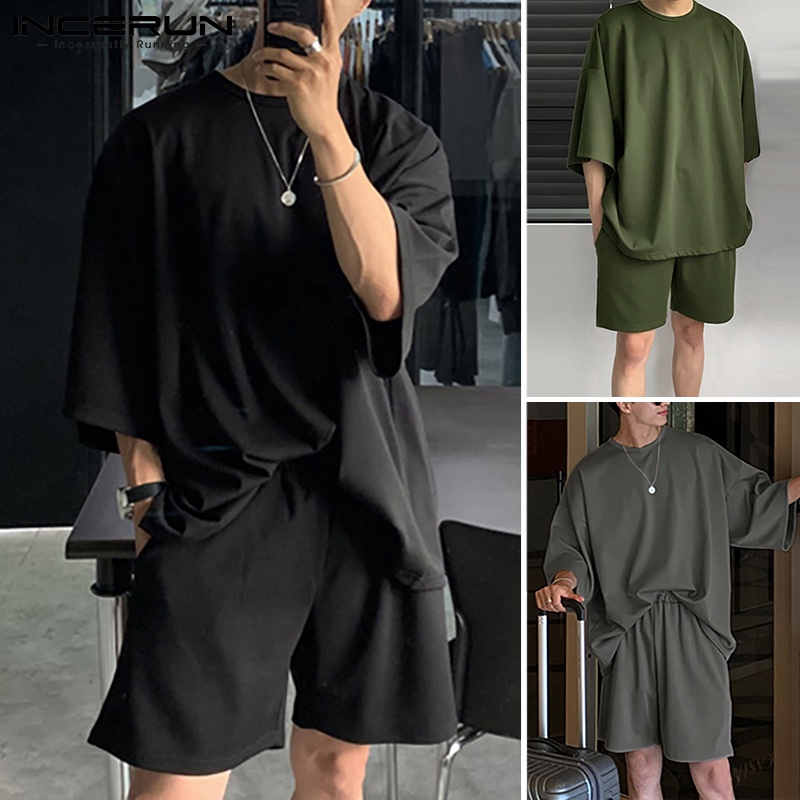 Bộ quần áo INCERUN thiết kế tay ngắn 3 màu đơn giản tùy chọn dành cho nam