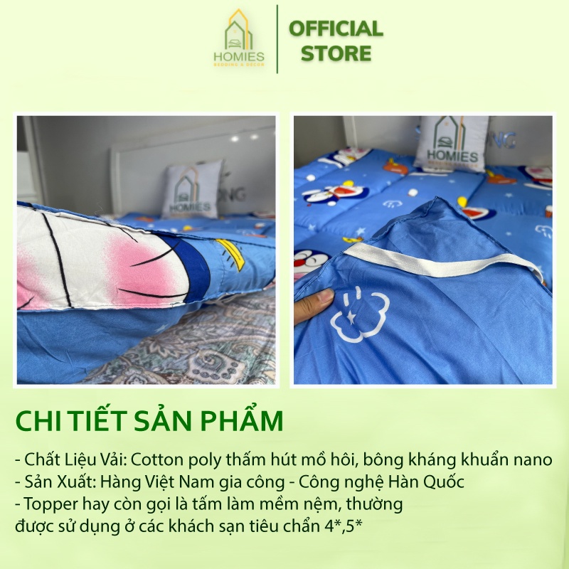 Nệm Topper Doremon HOMIES Tấm làm mềm đệm cotton Đũi Hàn quốc mới nhất 2020 - Có Chun 4 Góc Cố Định Đệm