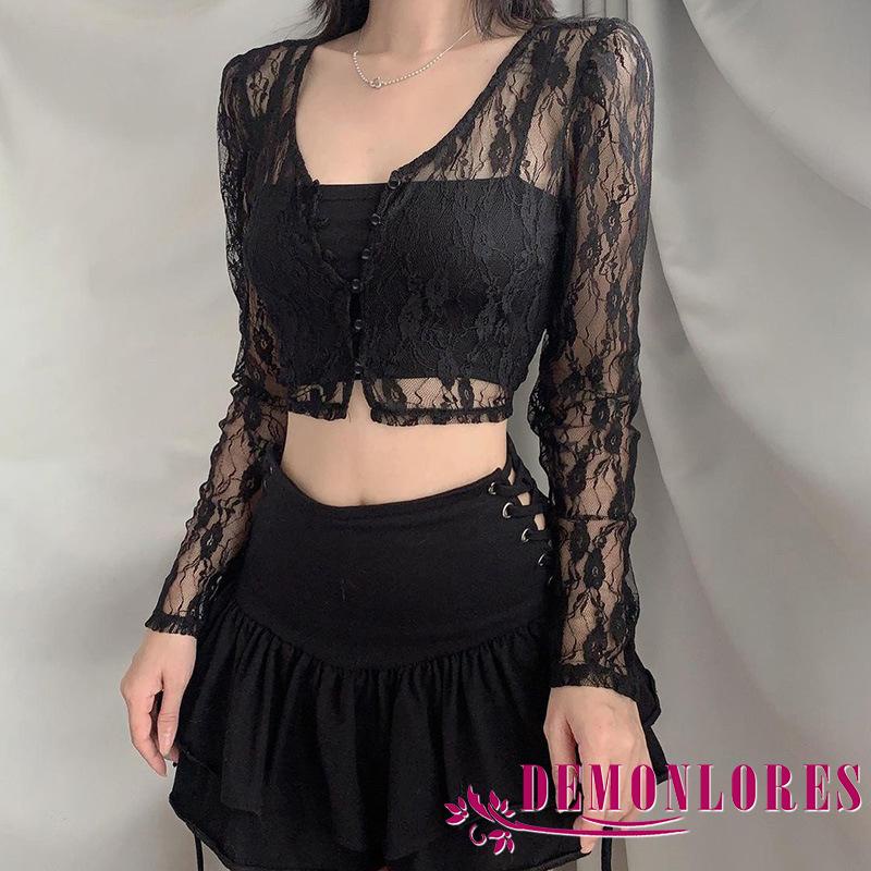 Áo Crop Top Ren Mỏng Tay Dài Cổ V Cài Nút Phong Cách Vintage Gợi Cảm Cho Nữ