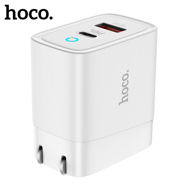 Củ sạc PD20W Hoco DC38 chân US gập 90 độ 1 cổng USB và Type-C , QC 3.0 đèn Led chất liệu cao cấp