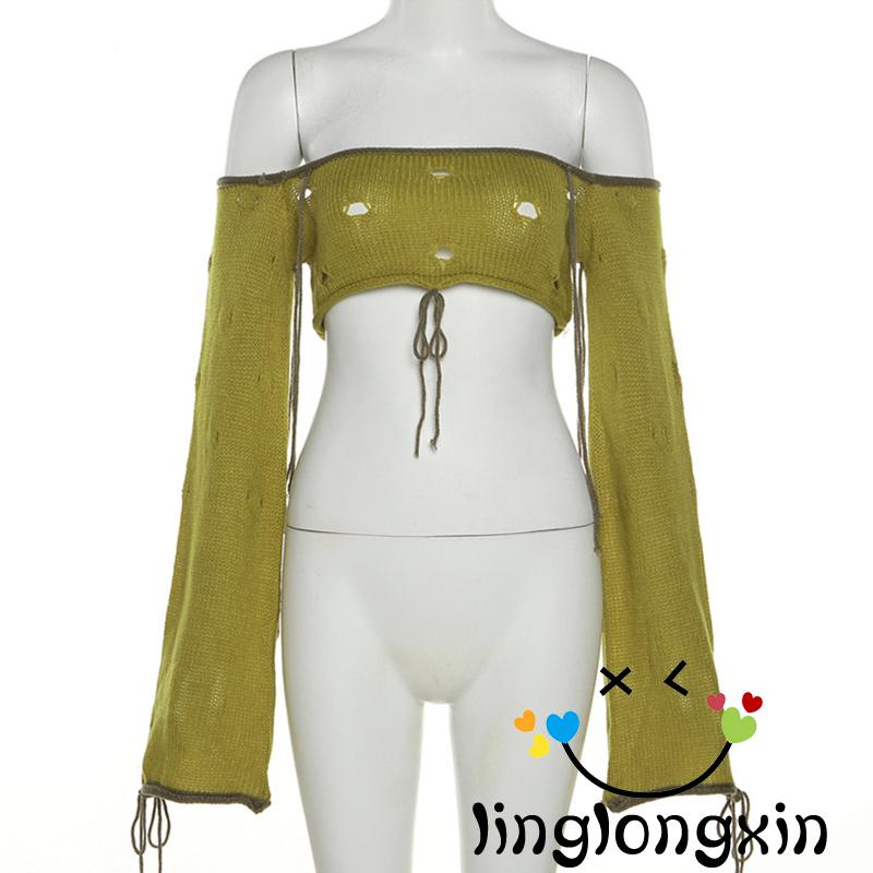 Áo Croptop Trễ Vai Tay Dài Phối Rách Màu Xanh Lá Cây Thời Trang Đường Phố Cho Nữ Linglongxi2