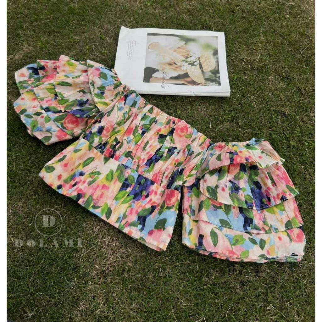 Áo hoa trễ vai tay tầng 2 lớp hót