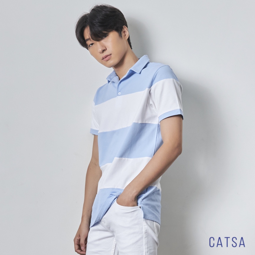 Áo polo nam cổ bẻ trắng sọc xanh thun Cotton thoáng mát, dáng chuẩn CATSA ATP265