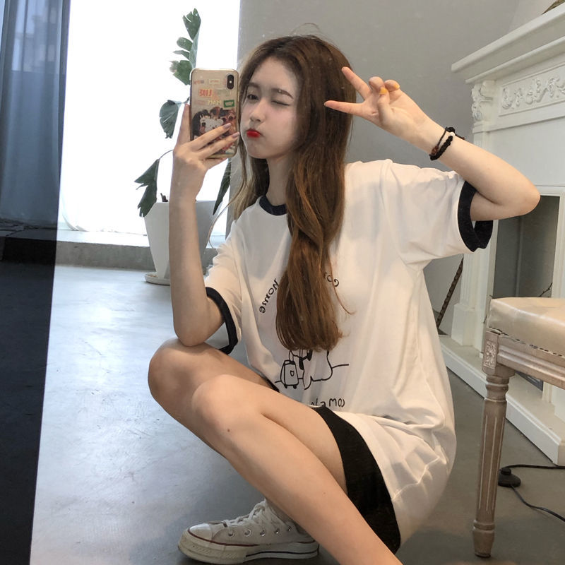 Korean Summer Version 2020 New Cute Round Collar Printed Geometric Student Tshirts Short Sleeve Fashion Top Women