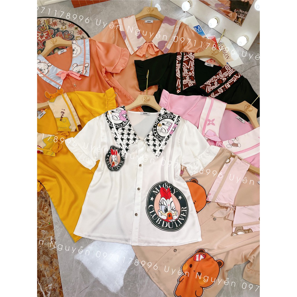 Đồ bộ nữ mặc nhà tay ngắn quần dài phối bèo cổ nơ pijama vải lụa satin kiểu vintage tiểu thư quà tặng vợ | BigBuy360 - bigbuy360.vn