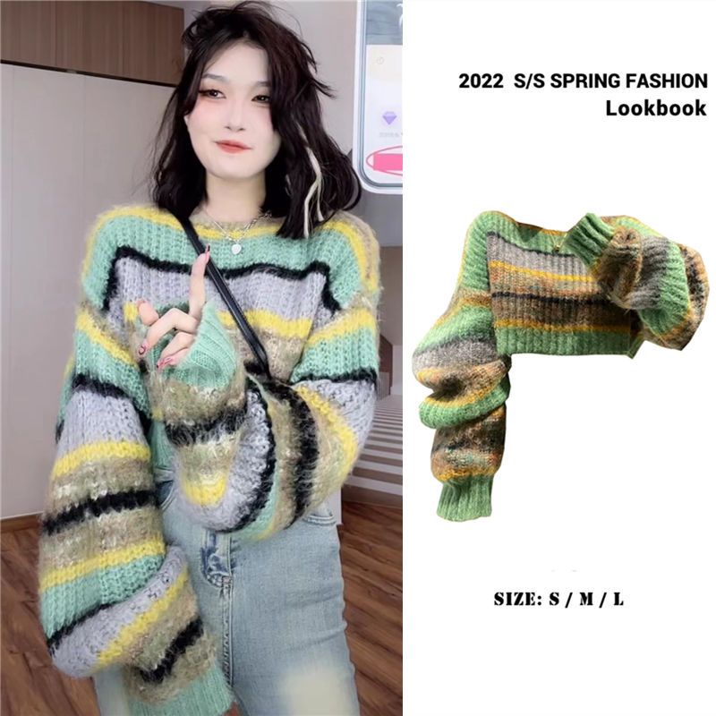 COZOK Áo Sweater Tay Dài Cổ Tròn Họa Tiết Kẻ Sọc Màu Tương Phản