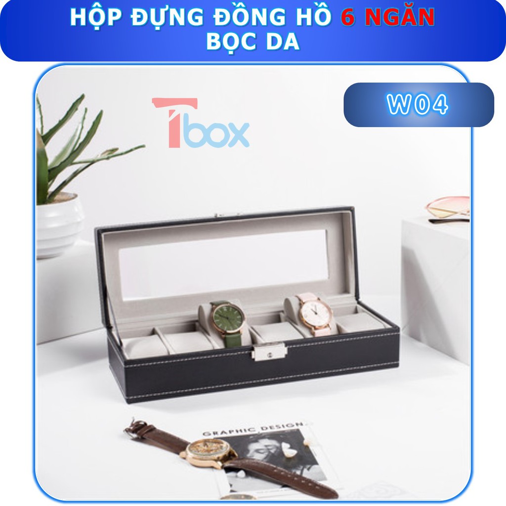 Hộp đựng đồng hồ 6 ngăn bằng da mặt trên kính để trưng bày đồng hồ