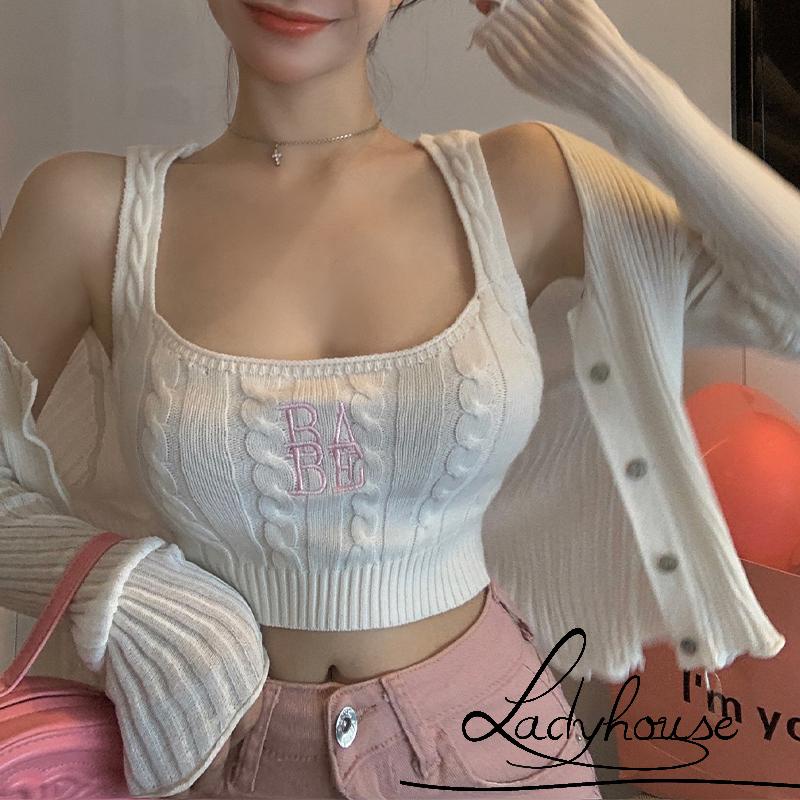 Ldd-áo Ba Lỗ Đan Móc Mỏng Vừa Vặn Cổ Chữ U Thêu Chữ Màu Xanh Lá / Trắng / Đỏ / Đen Cho Nữ