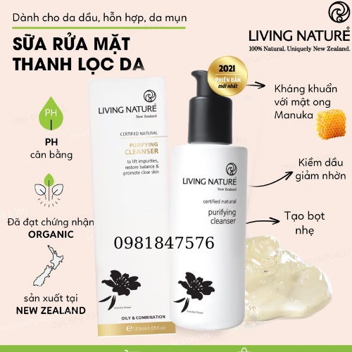 Sữa Rửa Mặt Cho Da Dầu, Dễ Nổi Mụn Living Nature Purifying Cleanser 100 ml