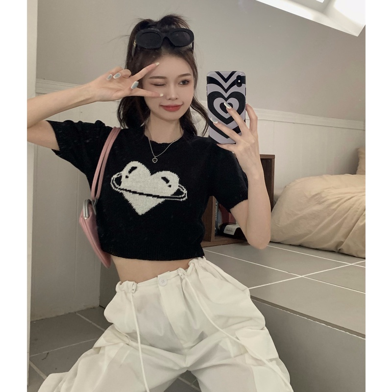 NUZIRO Áo Dệt Kim Ngắn Tay Cổ Tròn Phong Cách Vintage Hàn Quốc Cho Nữ