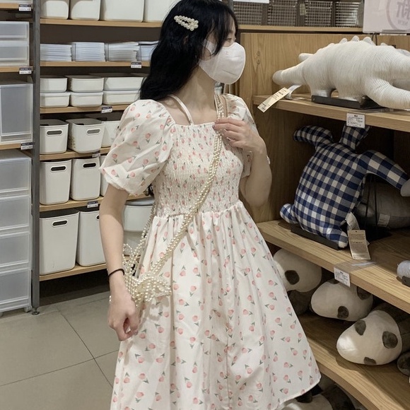 Đầm hoa MURIOKI tay phồng hở vai thanh lịch phong cách Hàn Quốc thời trang mùa hè mới 2022 cho nữ