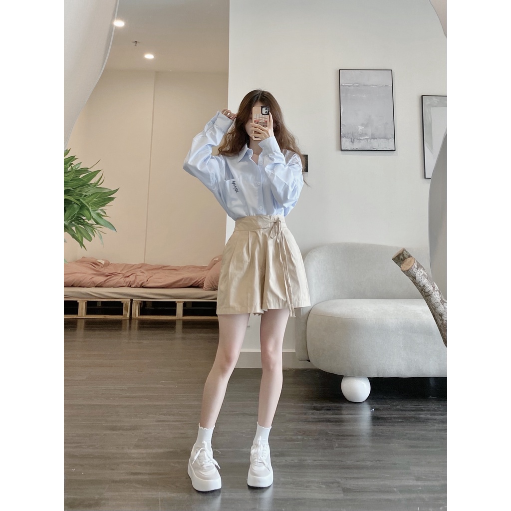 Quần short ulzzang ống rộng thắt dây lưng