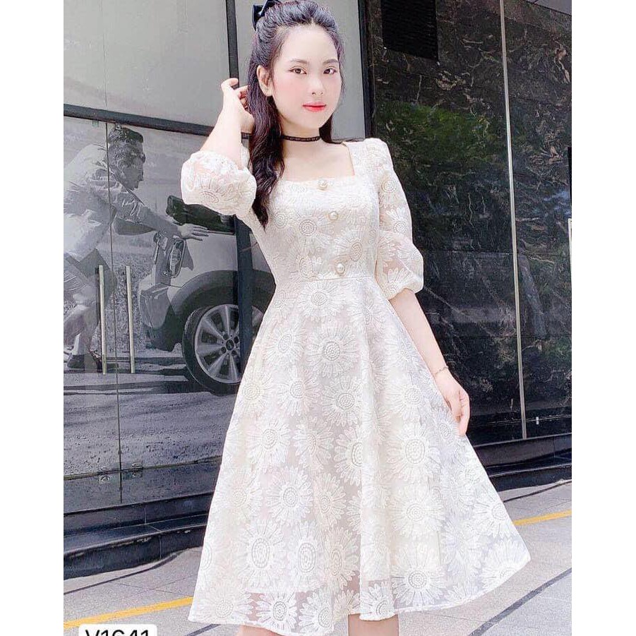 [Đầm dự tiệc] Đầm ren trắng cổ vuông hoa cúc, váy đẹp siêu xinh Doris Dress