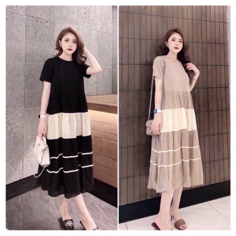 Đầm Bầu, Váy Bầu Hè Cotton Dáng Tầng Hot Hit - Chất Cotton Hàng Đẹp Loại 1 Mềm Mát Trẻ Trung V08