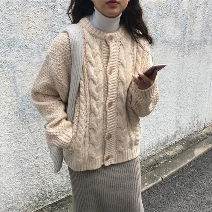 Áo khoác cardigan nữ len vặn thừng cổ tròn form gọn dáng vintage nhẹ nhàng Hàn Quốc