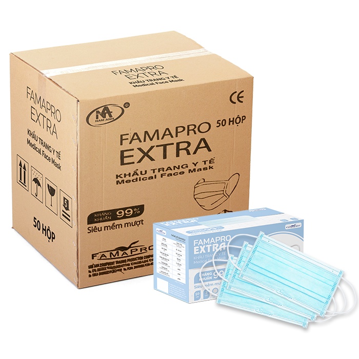 [EXTRA- THÙNG 50 HỘP] Khẩu trang y tế cao cấp kháng khuẩn 4 lớp Famapro Extra (50 cái/hộp)